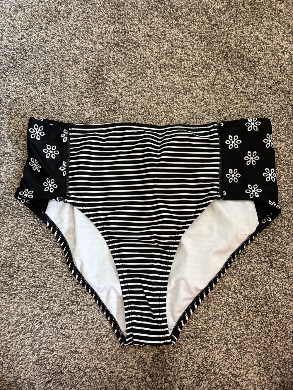 Time and Tru Black & White Striped High-Waist Swim Bottom